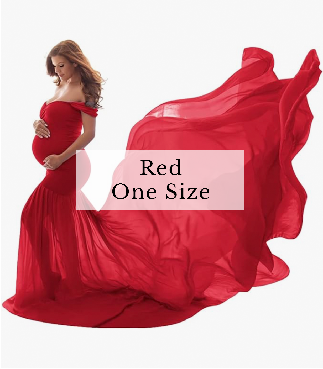 Pregnant woman in flowing red off-shoulder maternity gown, one size, with dramatic fabric trail.