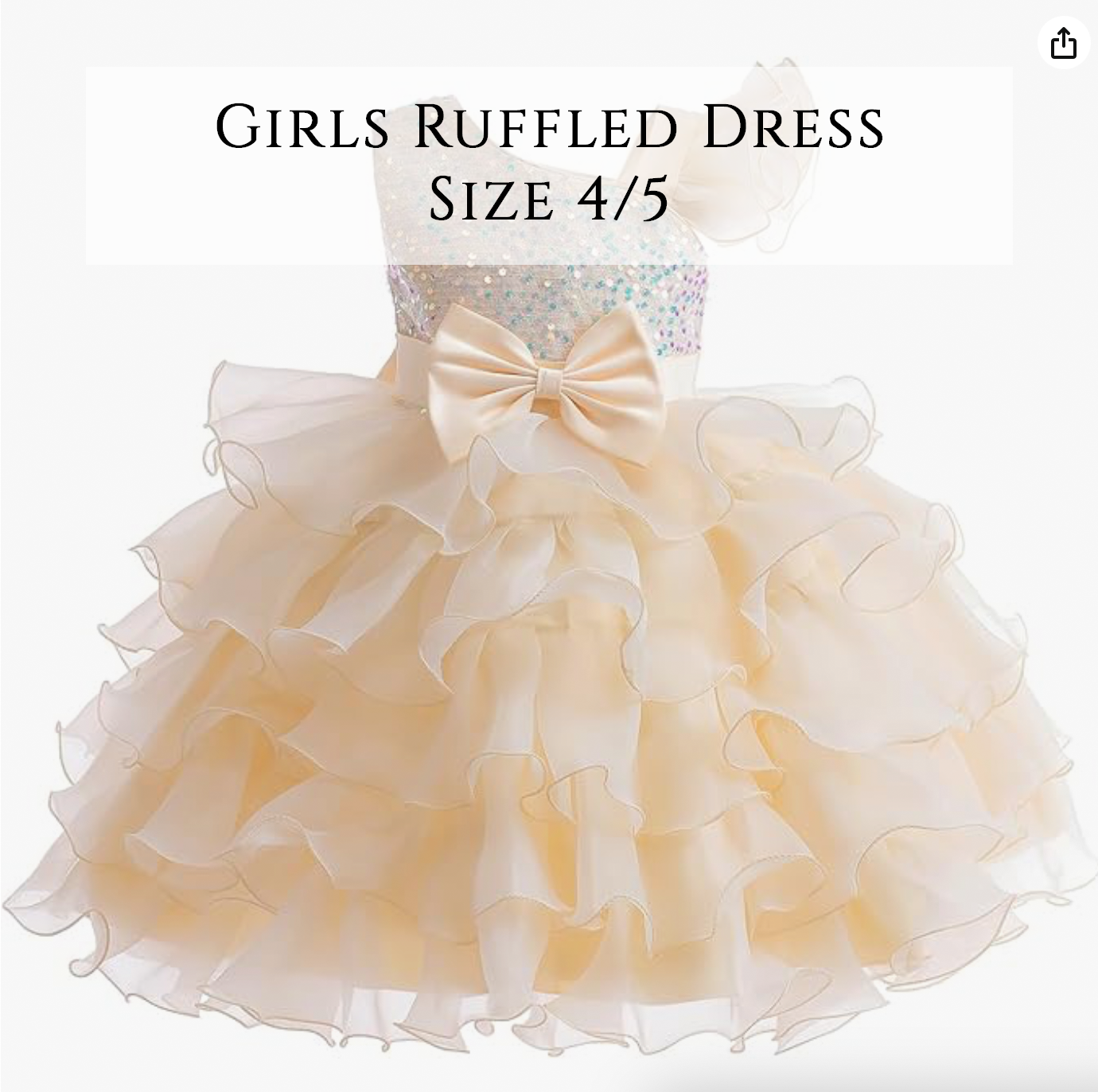 Champagne ruffled girls dress with sequin bodice and bow, size 4/5.