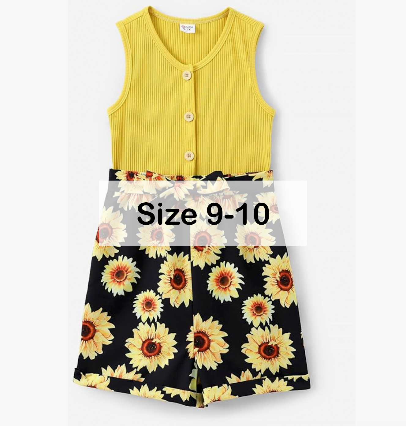 Yellow ribbed sleeveless top with black sunflower print shorts set for girls, size 9-10.