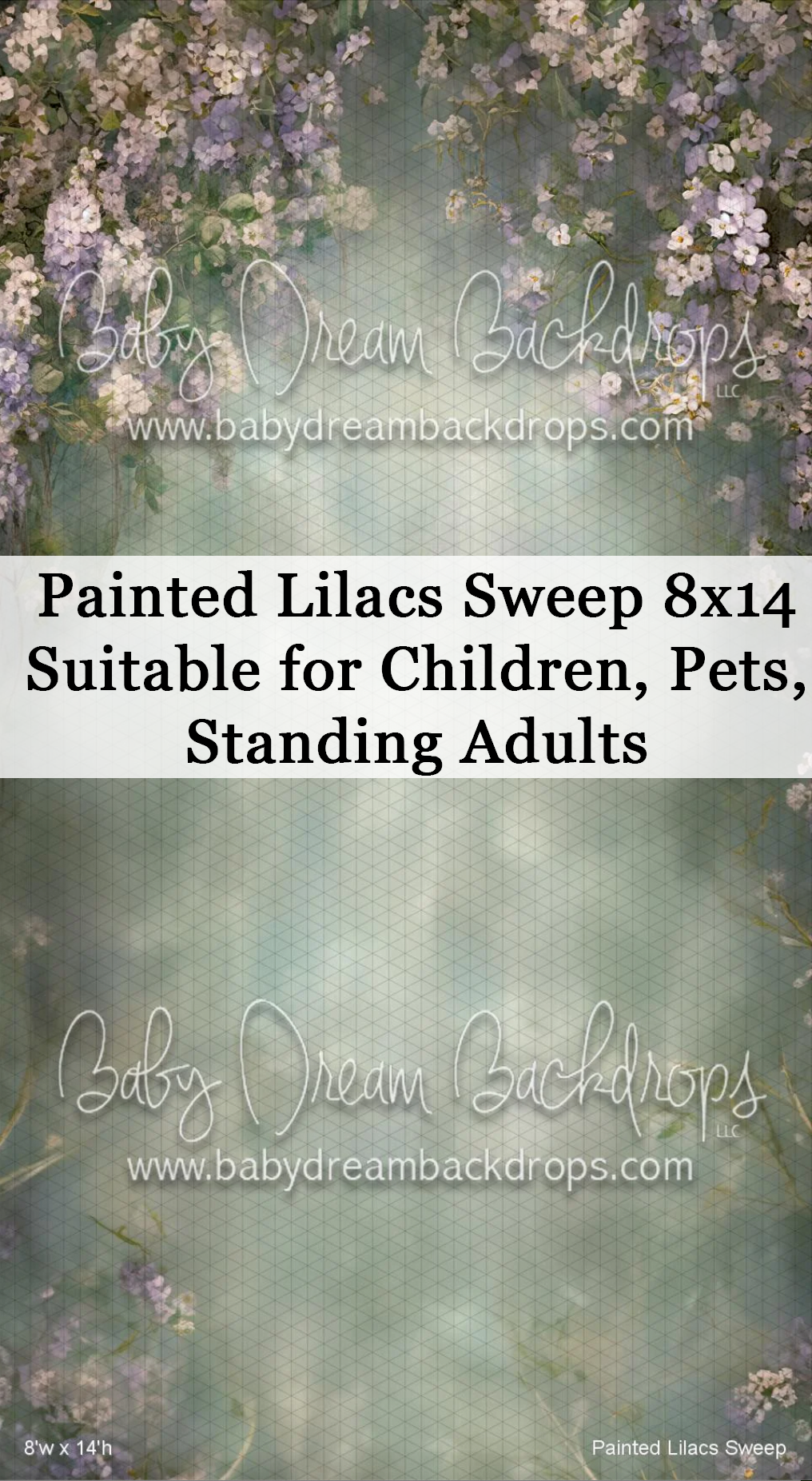 Painted Lilacs Sweep 8x14 backdrop with purple and white hanging flowers on a teal background.
