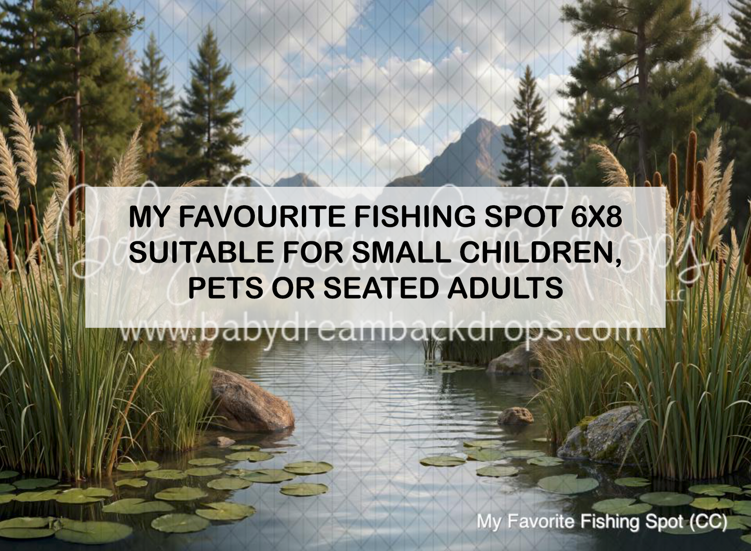 A serene fishing spot backdrop featuring a calm lake, tall reeds, lily pads, pine trees, and mountains for photo sessions.