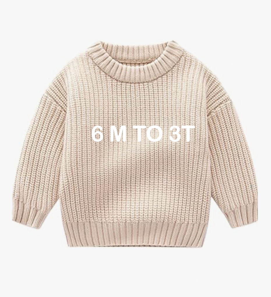 Beige chunky knit sweater for babies and toddlers, available in sizes 6 months to 3T.