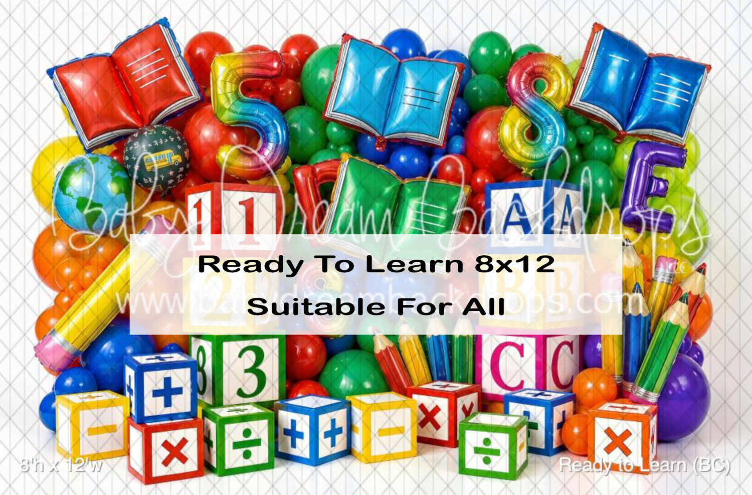 Colorful educational backdrop with alphabet blocks, number balloons, pencils, and books for a back-to-school 8x12 photo setting.
