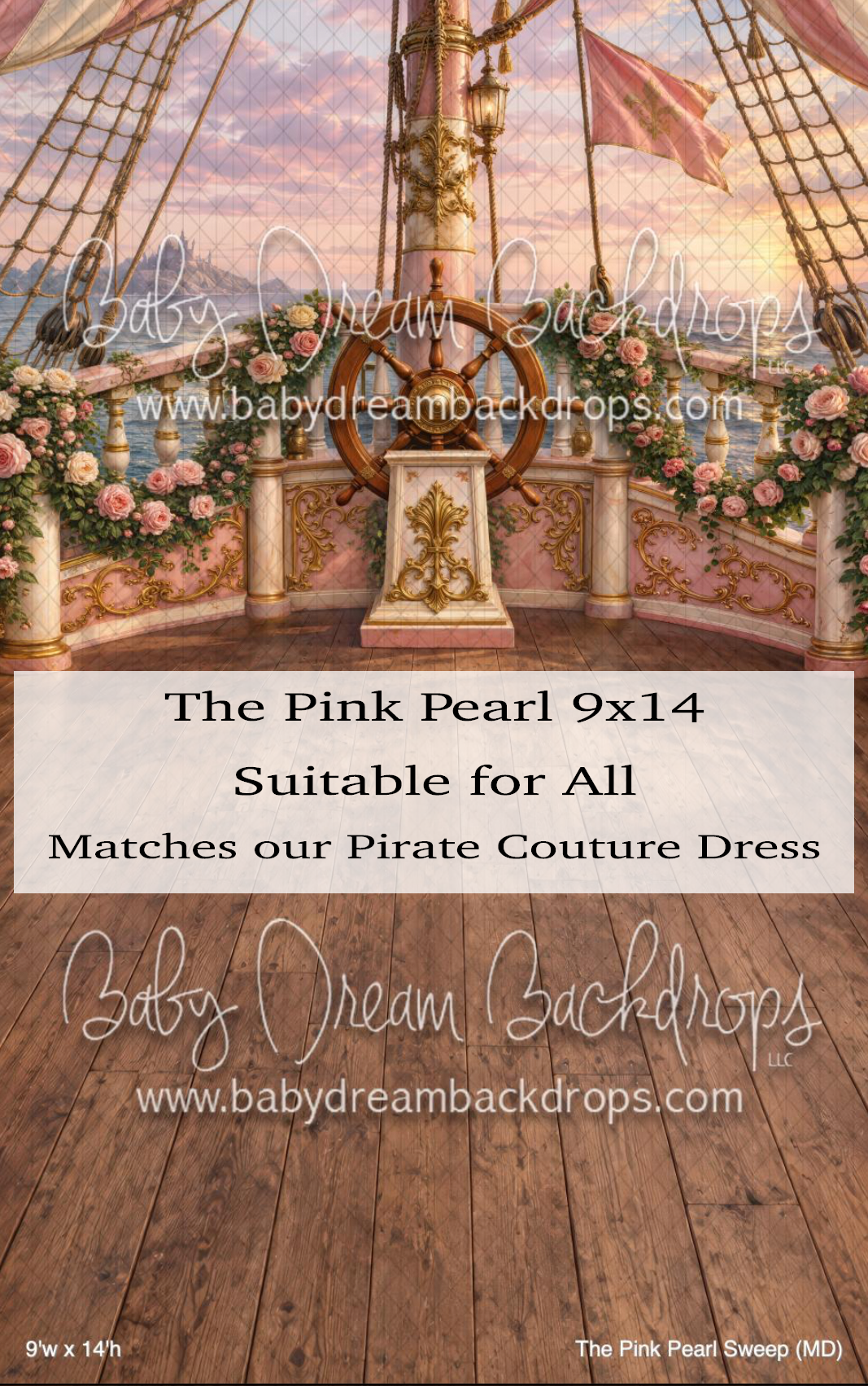 Baby Dream Backdrops Pink Pearl 9x14 photography backdrop featuring a romantic pirate ship deck with roses and wooden floors.