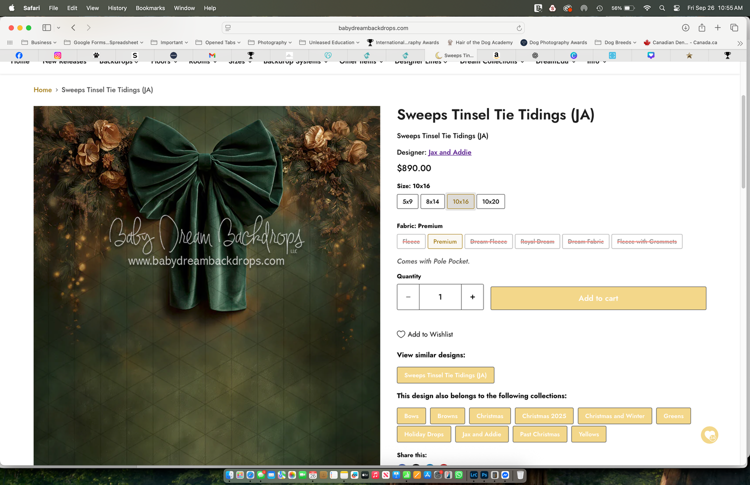 Green velvet bow backdrop product page on baby photography backdrops e-commerce website with floral autumn design.