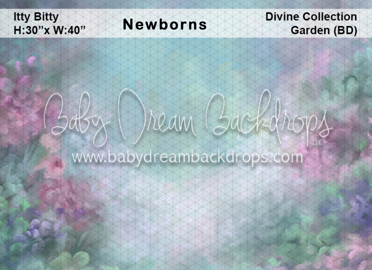 Itty Bitty Divine Collection Garden backdrop, 30x40 inches, featuring soft purple and green bokeh florals for newborn photography.