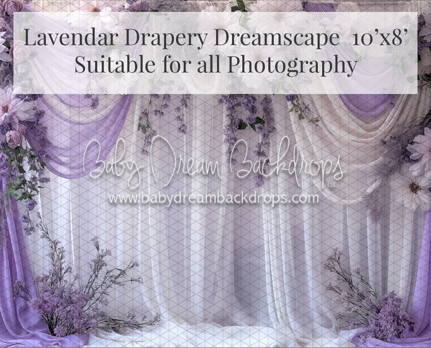 Lavender drapery dreamscape photography backdrop 10x8 with purple curtains and floral accents.