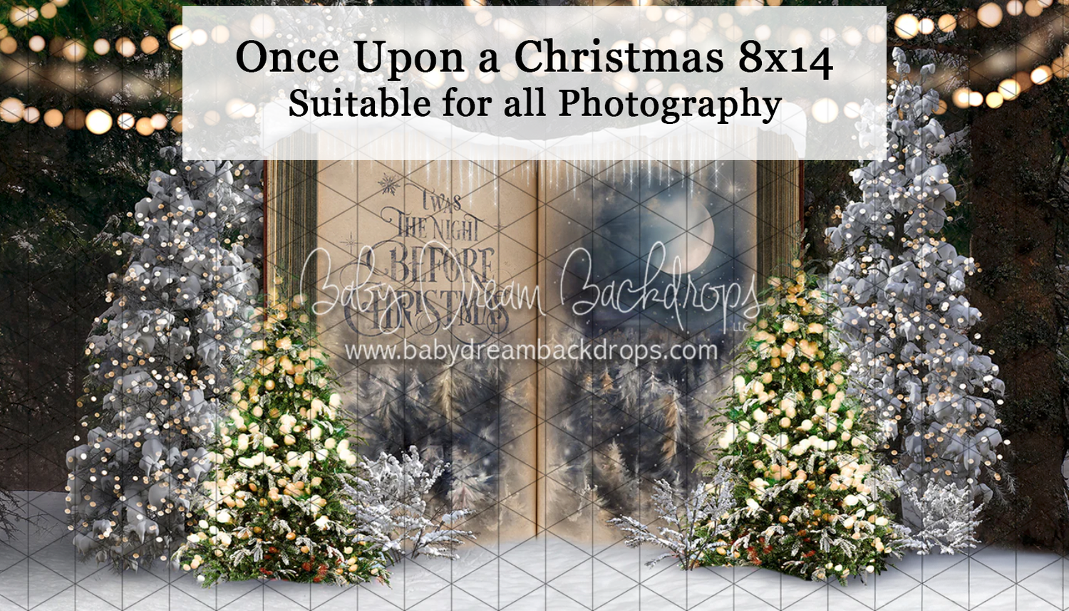 Elegant silver Christmas trees flanking a storybook sign with warm string lights backdrop, Once Upon a Christmas 8x14.