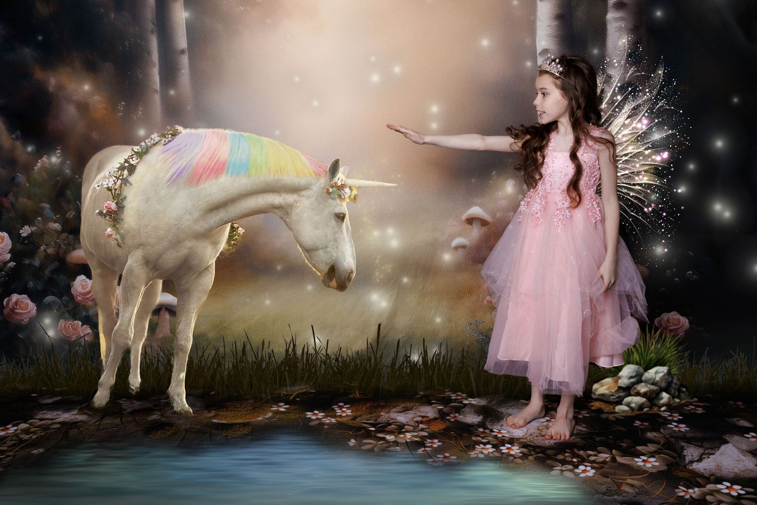 A fairy girl in pink dress with wings reaches toward a white unicorn in an enchanted forest.