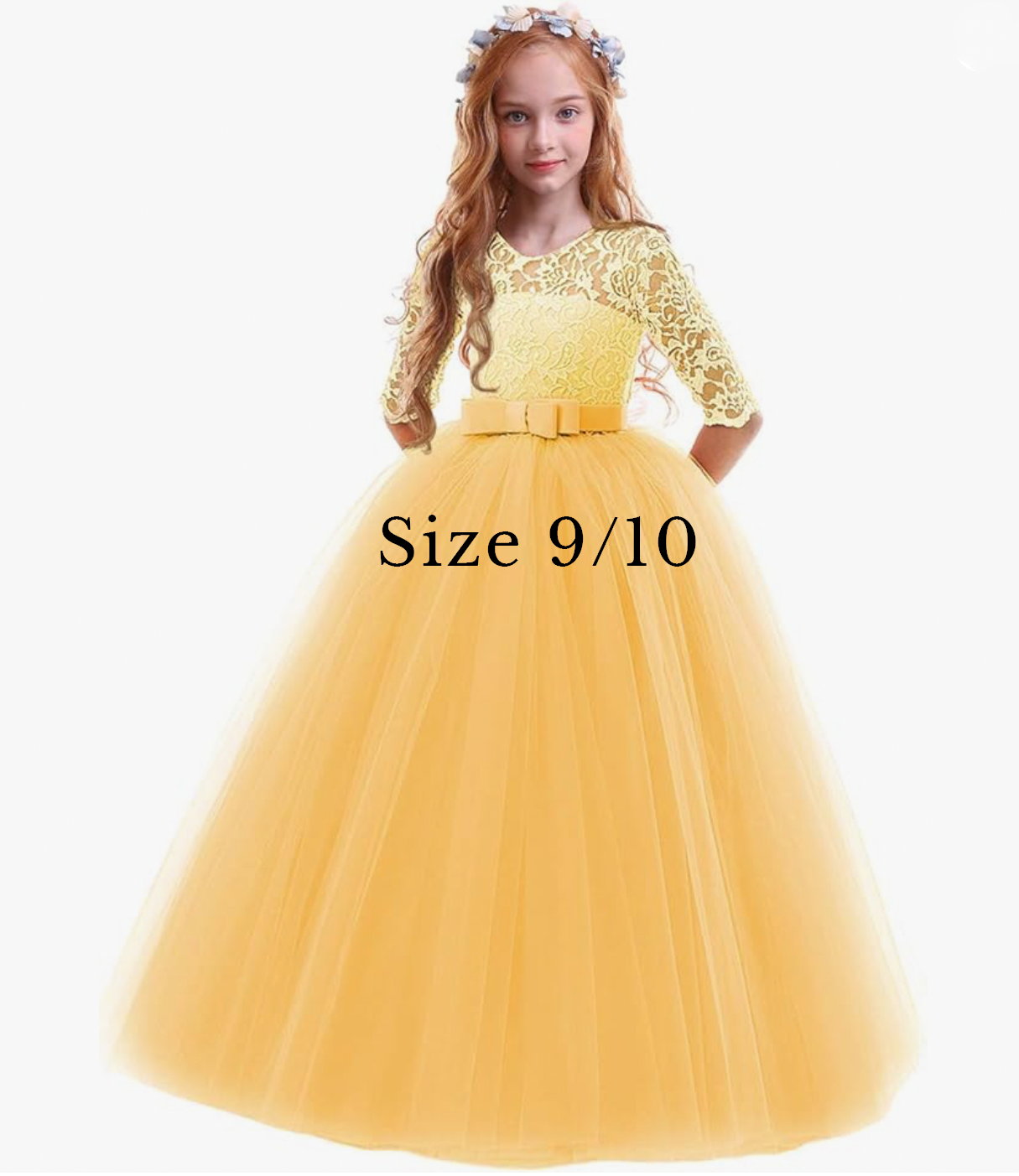 Yellow lace bodice and tulle skirt girls formal dress with bow belt, size 9/10.