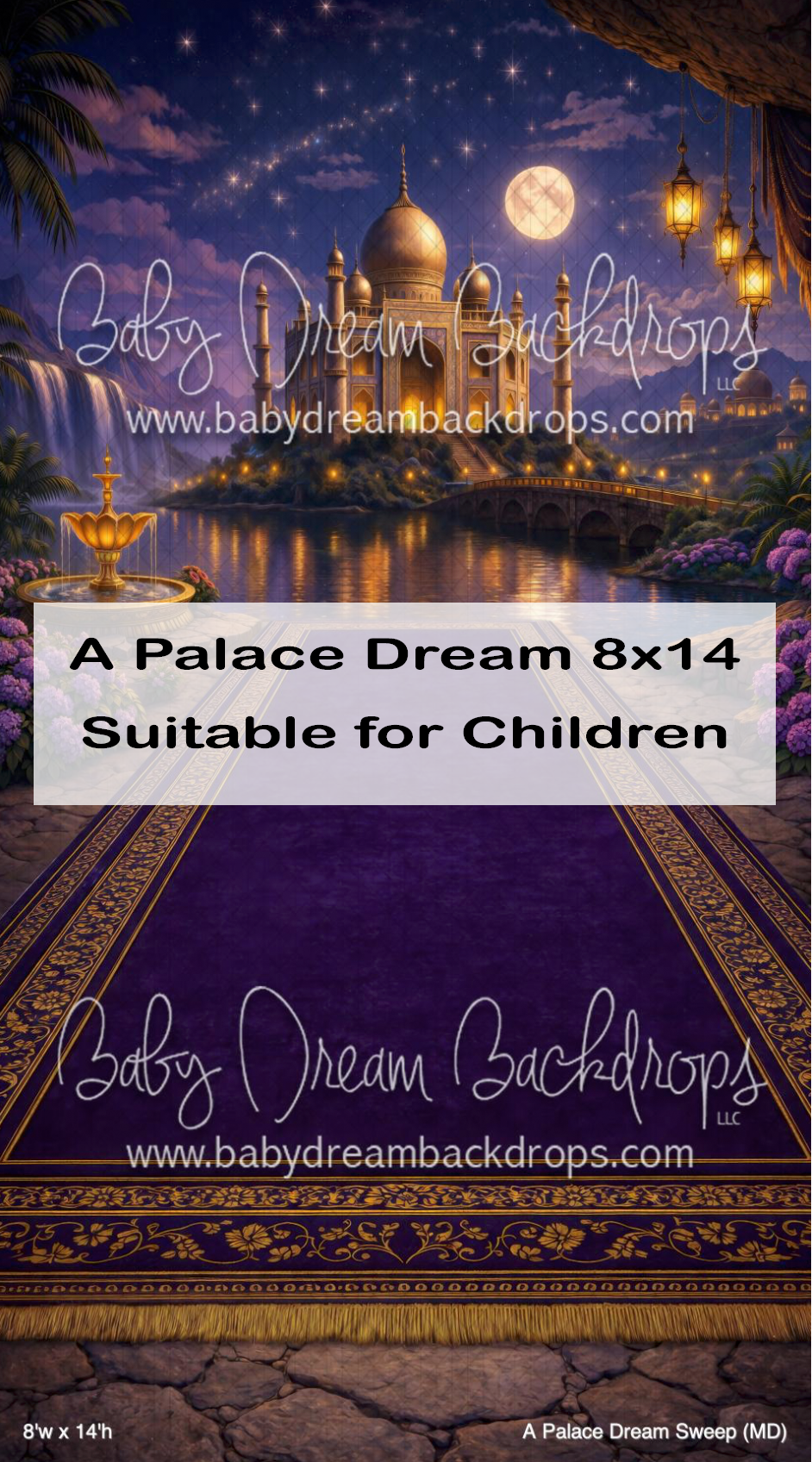 Magical palace dream photography backdrop with purple carpet, moonlit taj mahal, lanterns, suitable for children 8x14.