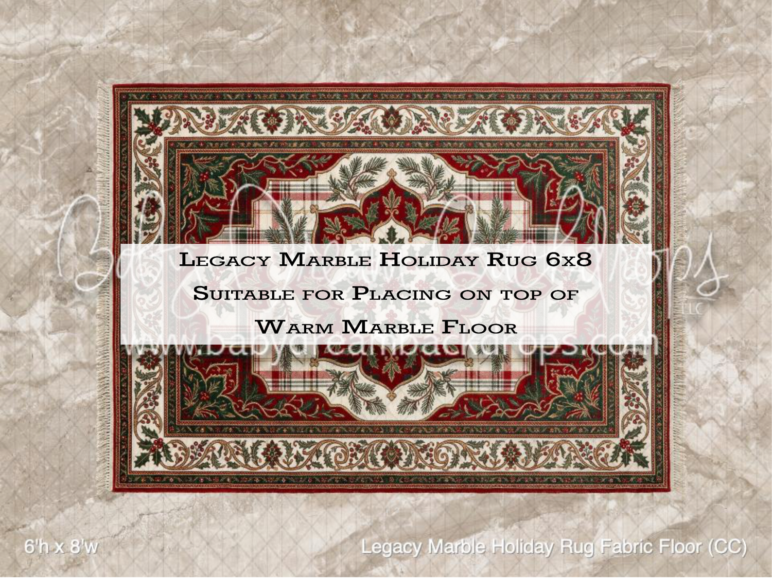 Legacy Marble Holiday Rug 6x8, a festive red and green patterned area rug displayed on warm marble flooring.