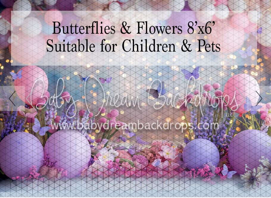Purple Easter-themed photography backdrop with balloons, butterflies, and flowers, suitable for children and pets by Baby Dream Backdrops.