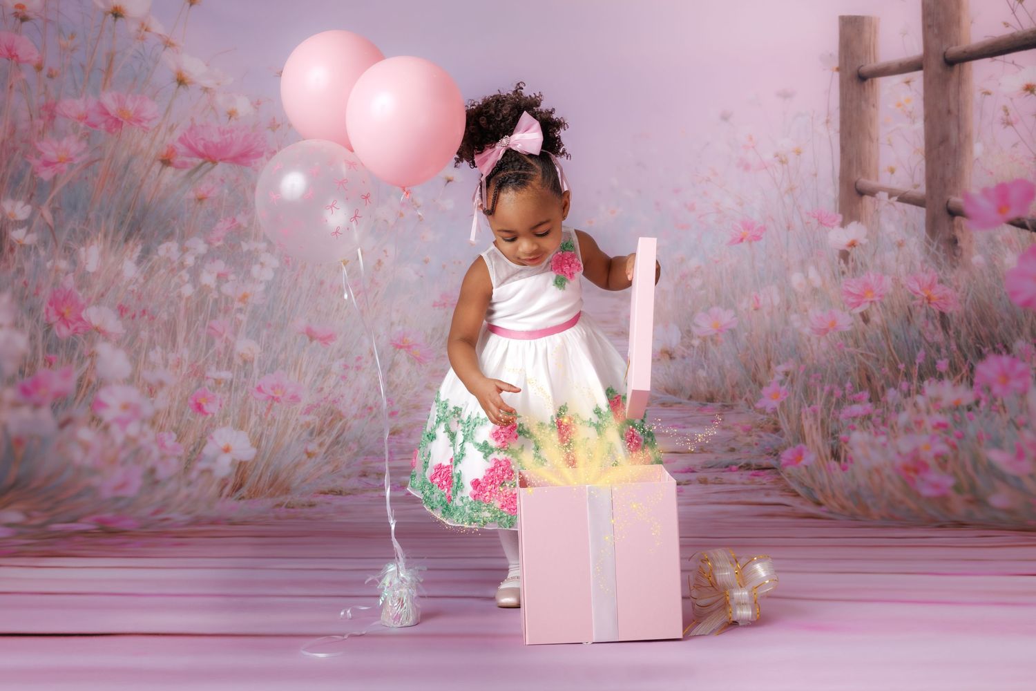 Toddler girl in floral dress opens pink gift box with pink balloons on a soft floral studio backdrop.