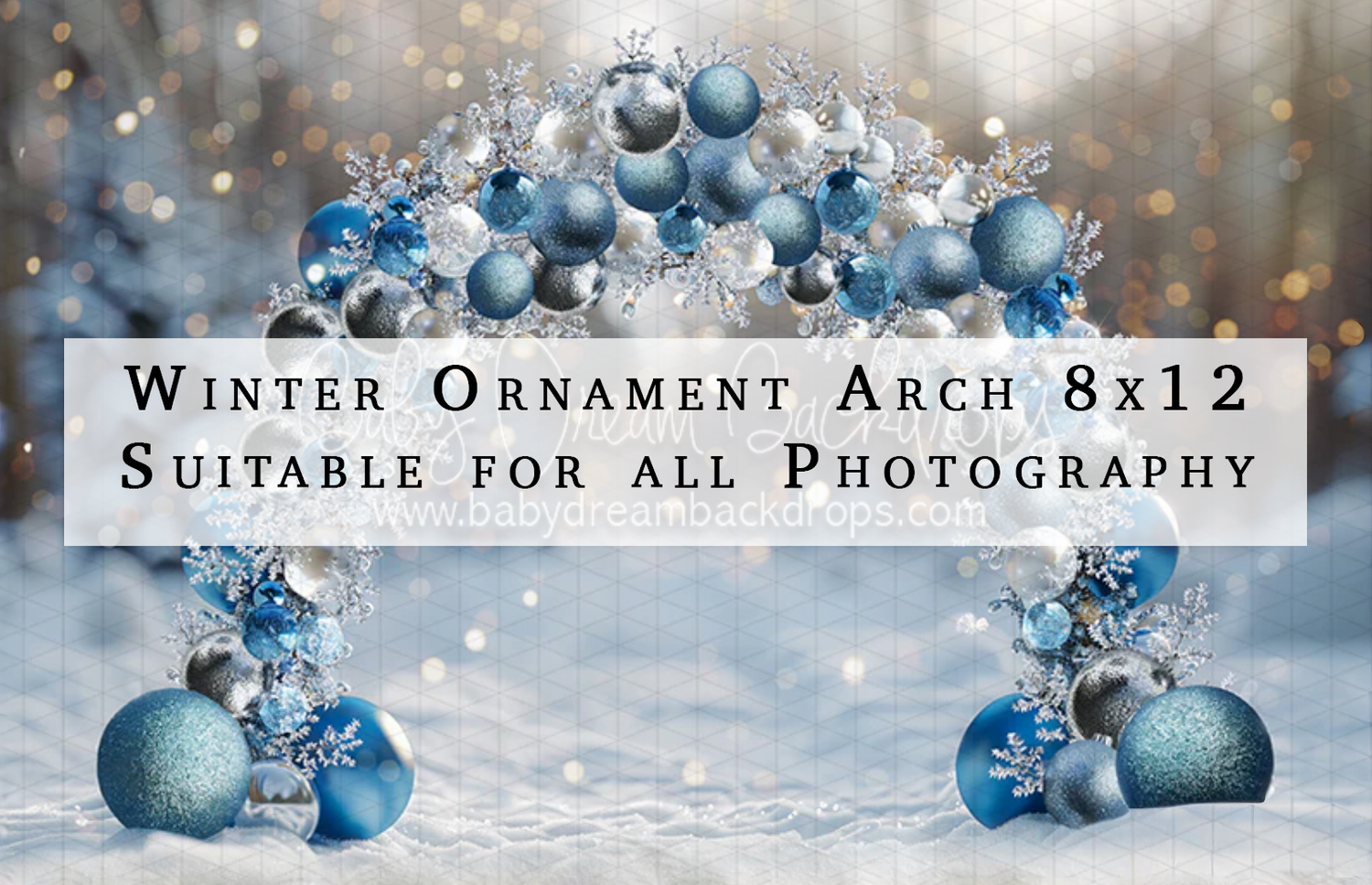 Winter ornament arch backdrop with blue and silver Christmas balls on snowy background, 8x12 photography prop.