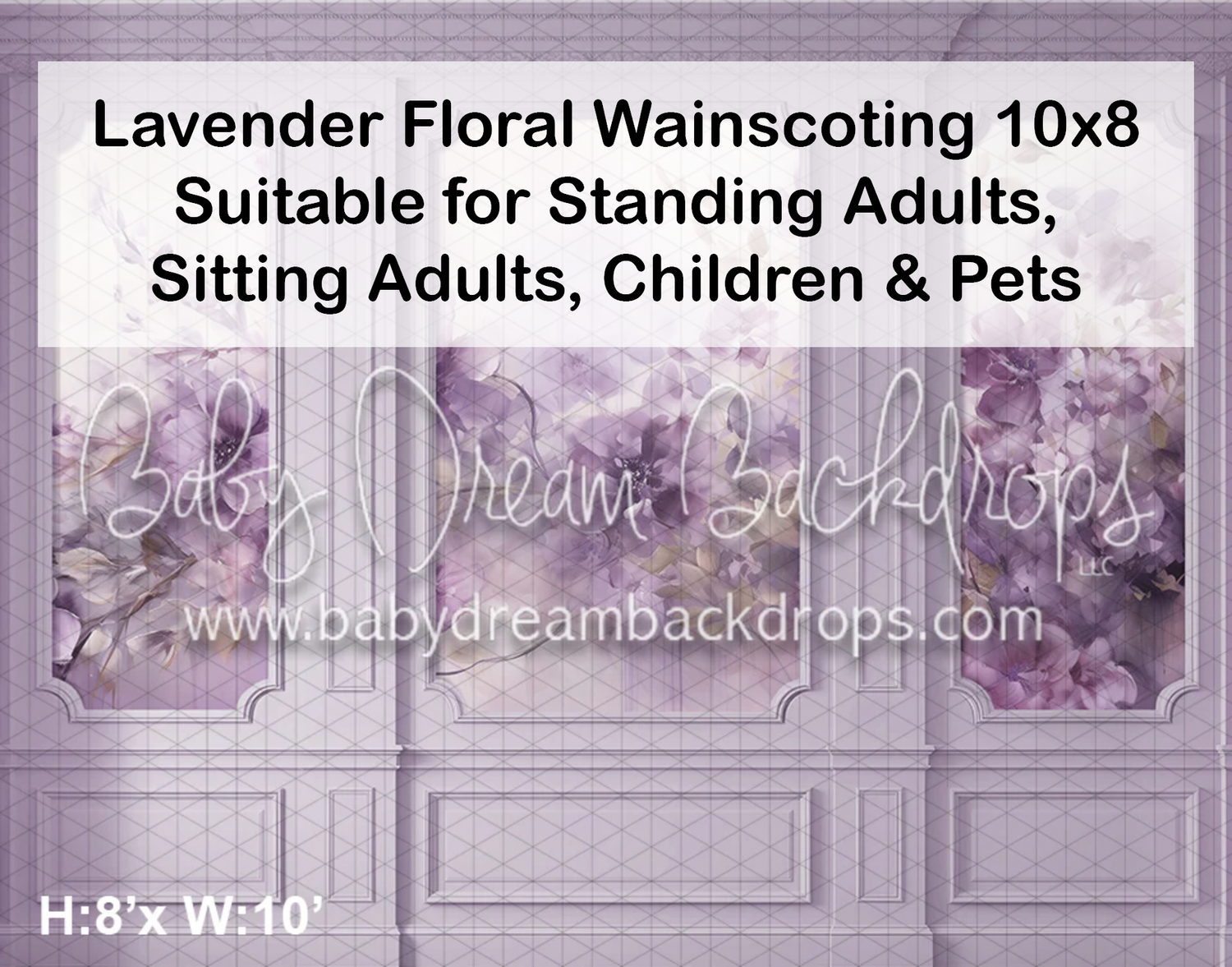 Lavender floral wainscoting 10x8 photography backdrop suitable for adults, children, and pets.
