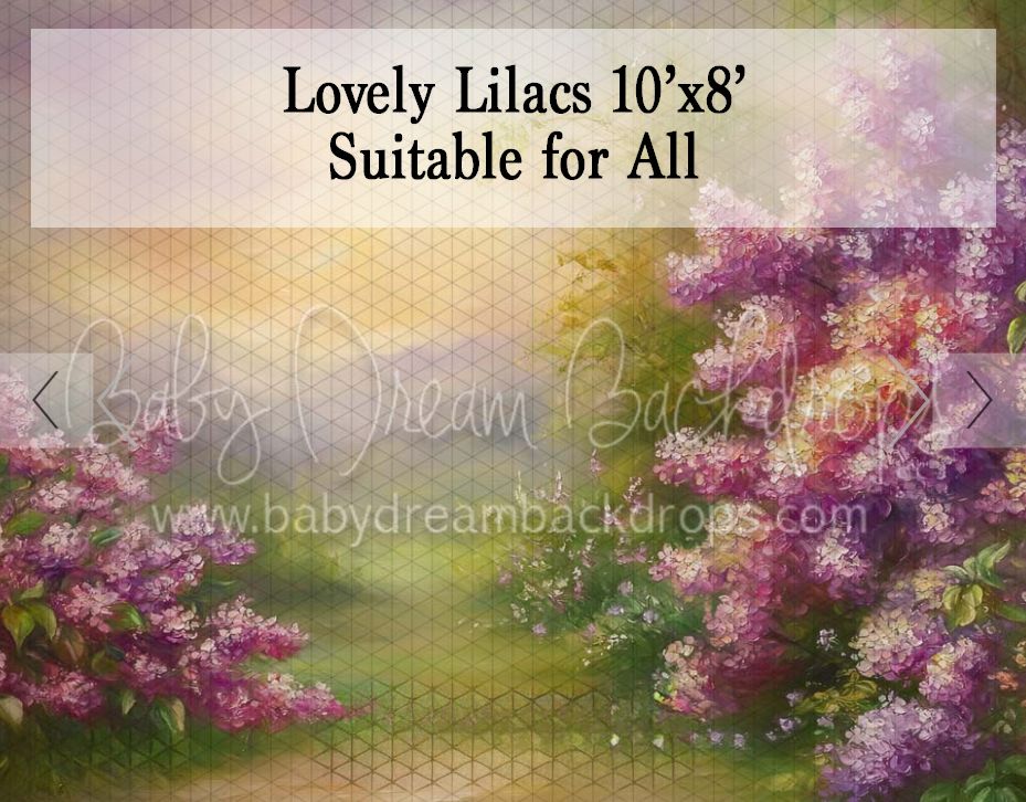 A 10x8 photography backdrop featuring lush purple lilac bushes with a soft golden meadow background by Baby Dream Backdrops.