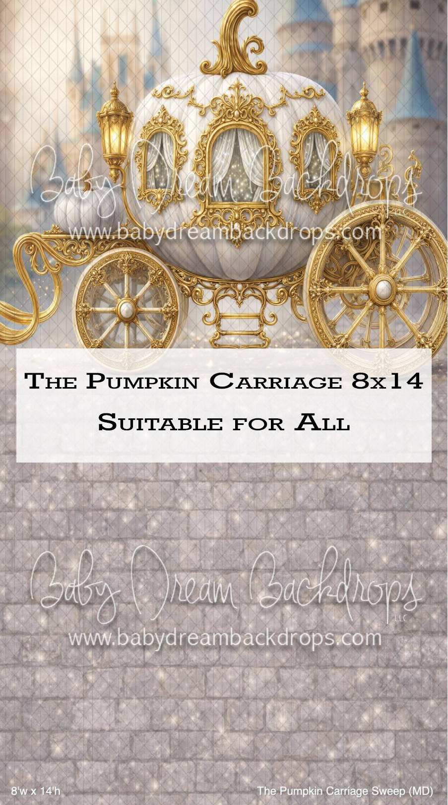 Cinderella pumpkin carriage photography backdrop with gold details and castle, 8x14 sweep suitable for all by Baby Dream Backdrops.