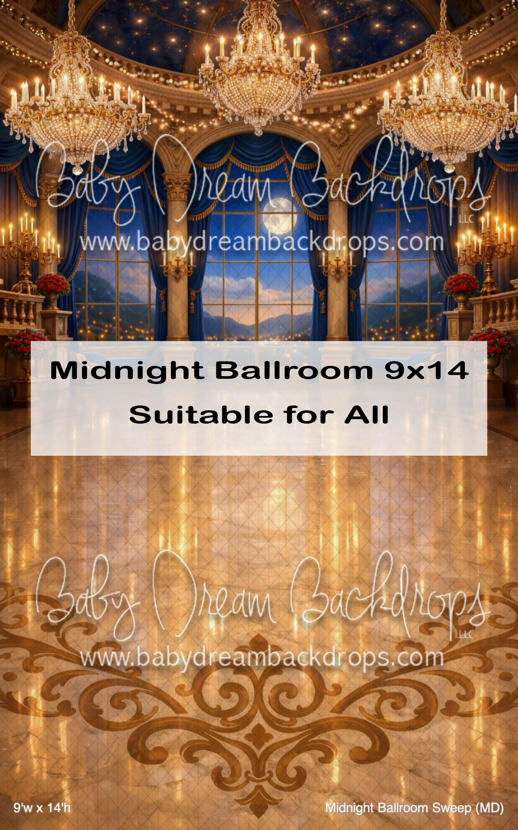 Elegant midnight ballroom photography backdrop featuring chandeliers, blue drapes, and ornate gold floor, 9x14ft.