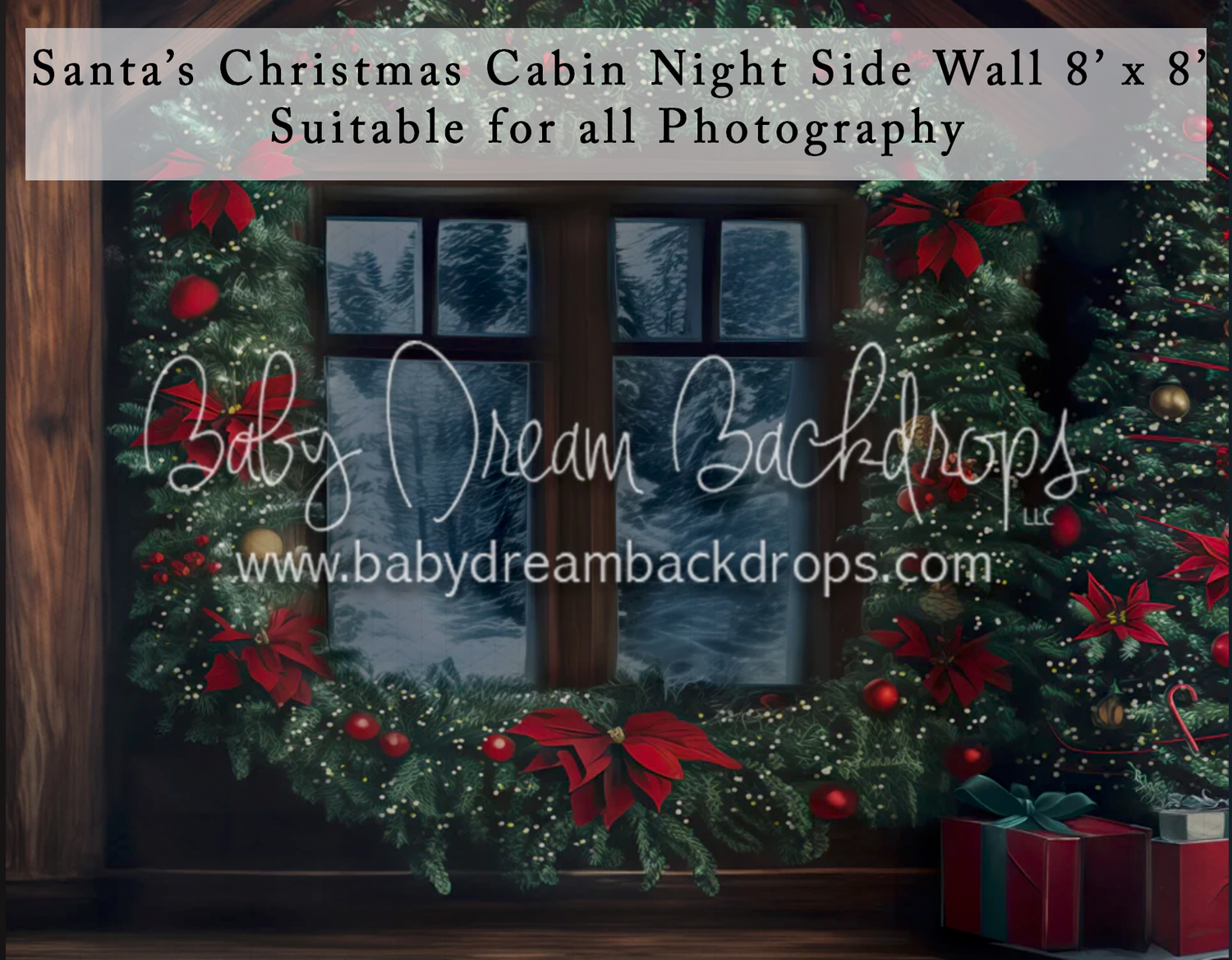 Santa's Christmas Cabin Night Side Wall backdrop with festive garland, red bows, and window, 8x8ft.
