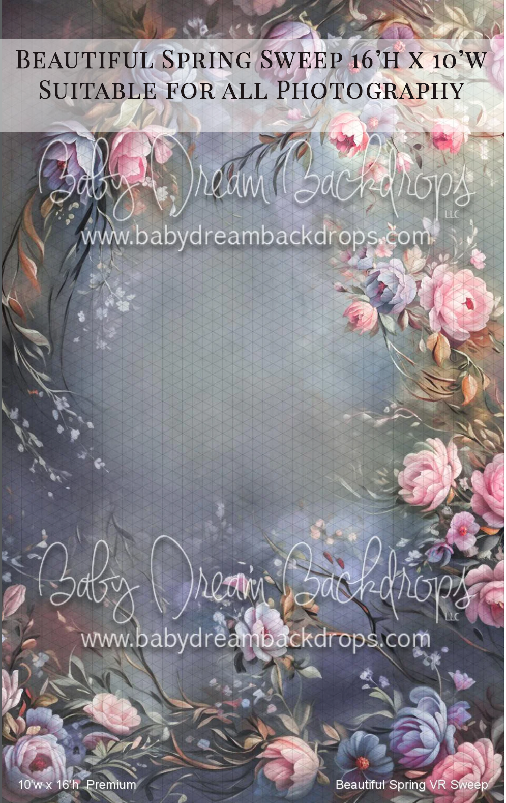 Beautiful Spring Sweep 16x10 photography backdrop with pink and blue floral wreath on a grey background.