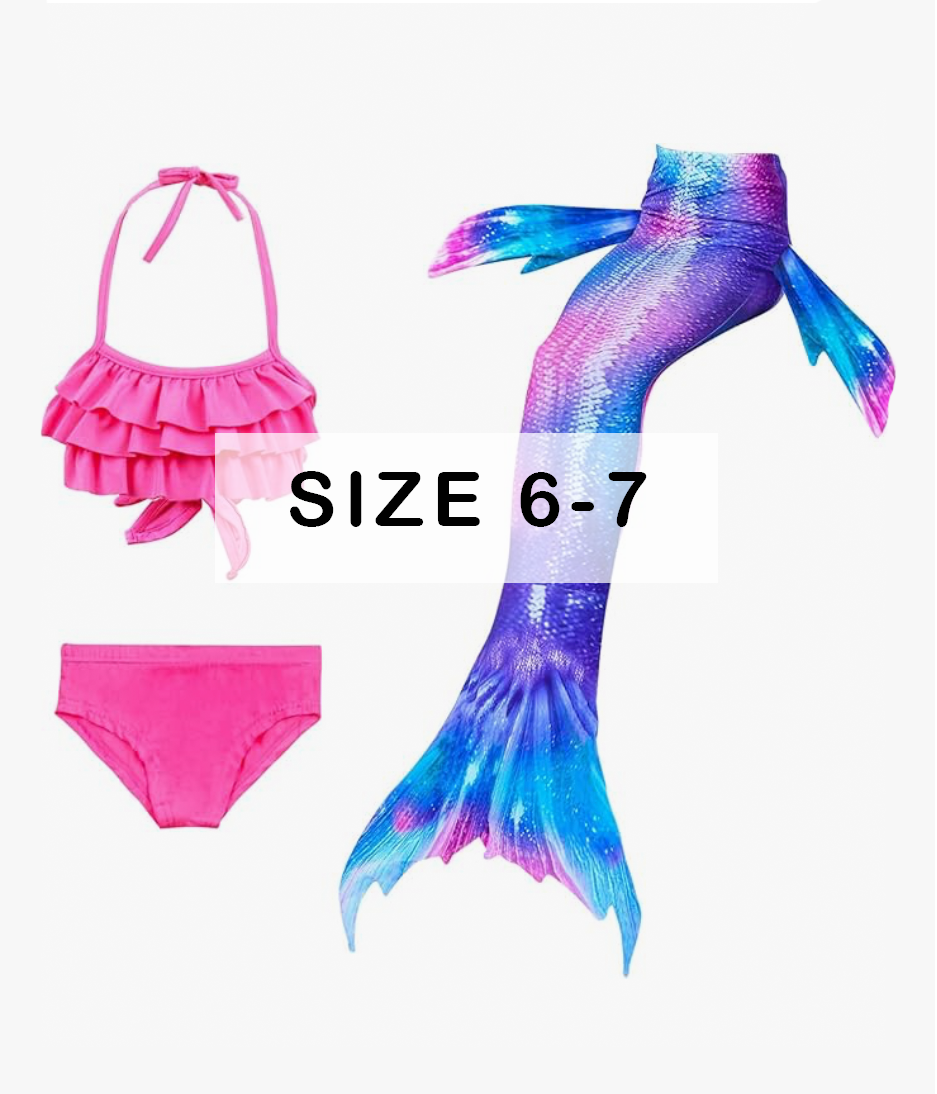 Girls mermaid tail swimsuit costume set size 6-7 in purple and pink.