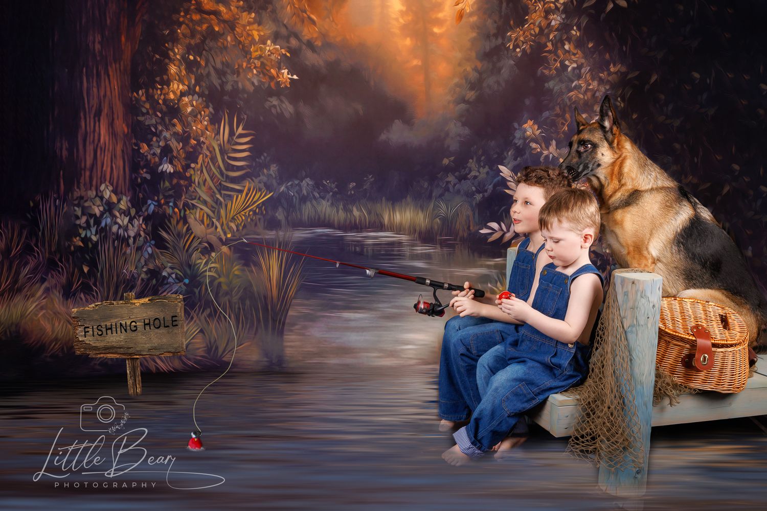Two boys in blue overalls fishing on a dock beside a German Shepherd dog in an enchanted forest setting.