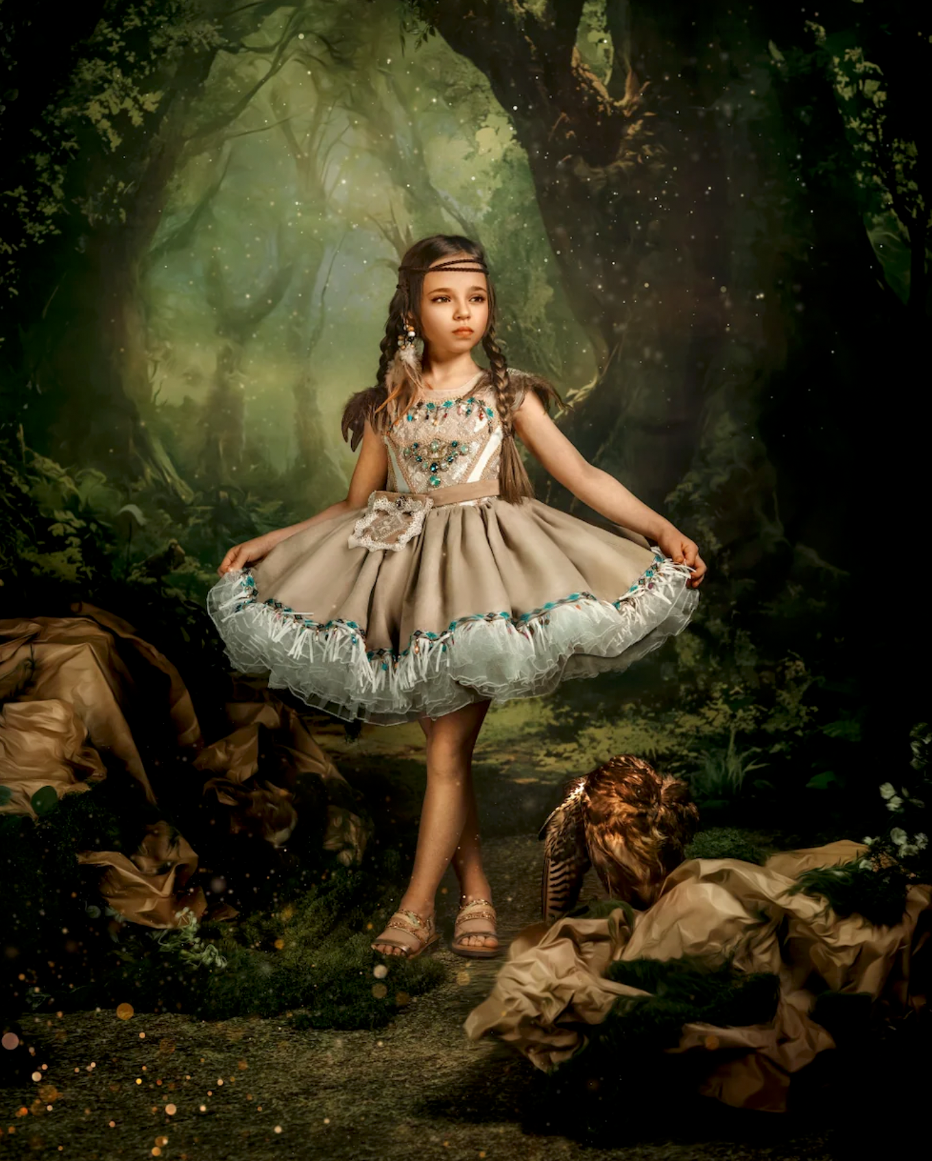 Girl in elegant beige tulle dress poses in enchanted forest setting with magical green misty background.