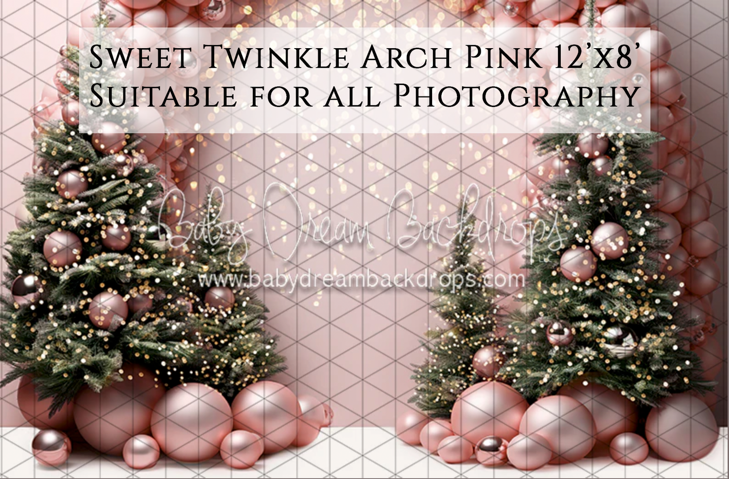 Pink Christmas arch backdrop with decorated trees and ornaments, Sweet Twinkle Arch Pink 12x8 photography backdrop.