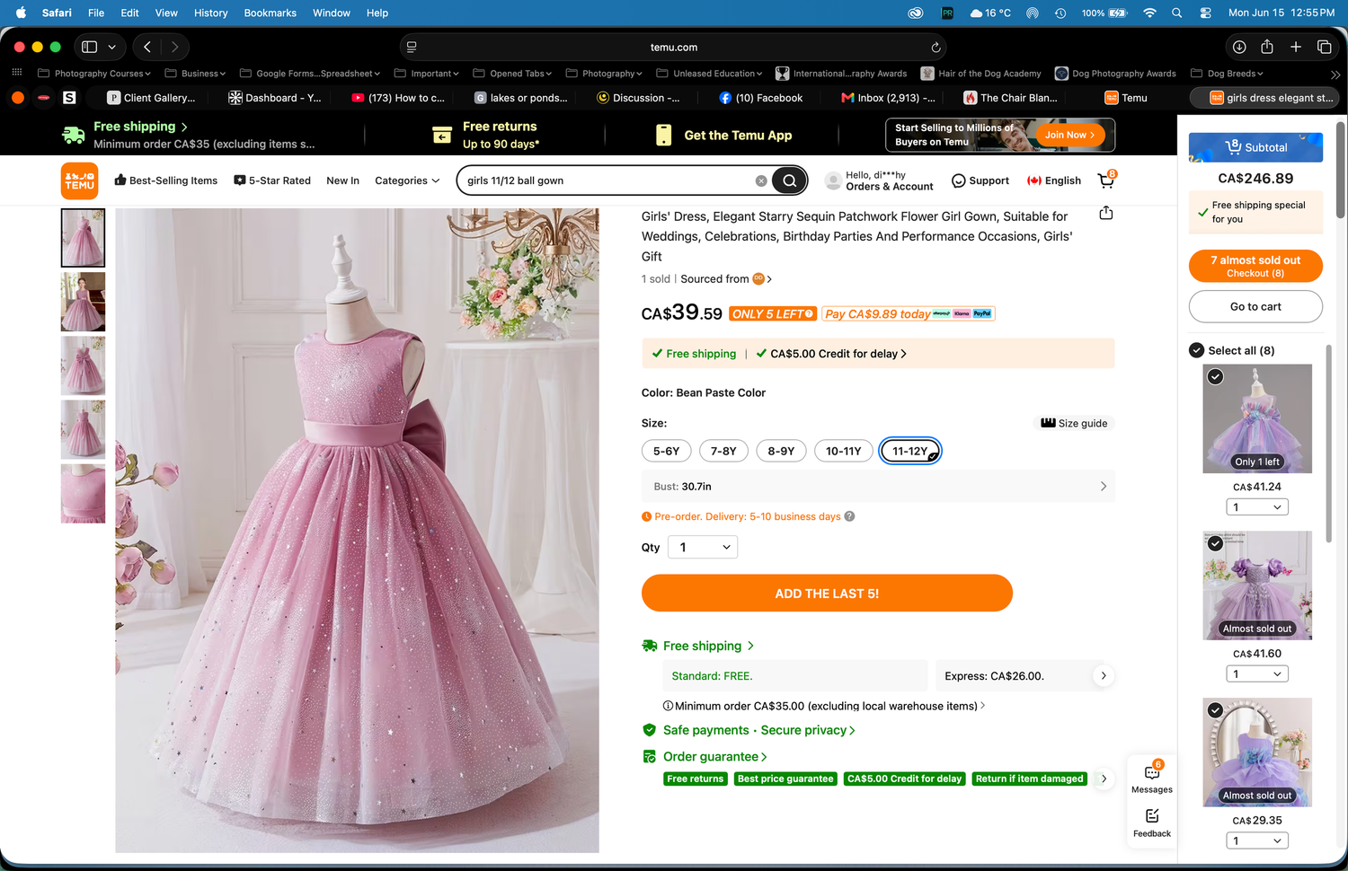 Pink floral girls pageant dress with bow sash displayed on AliExpress product listing page showing price and details.