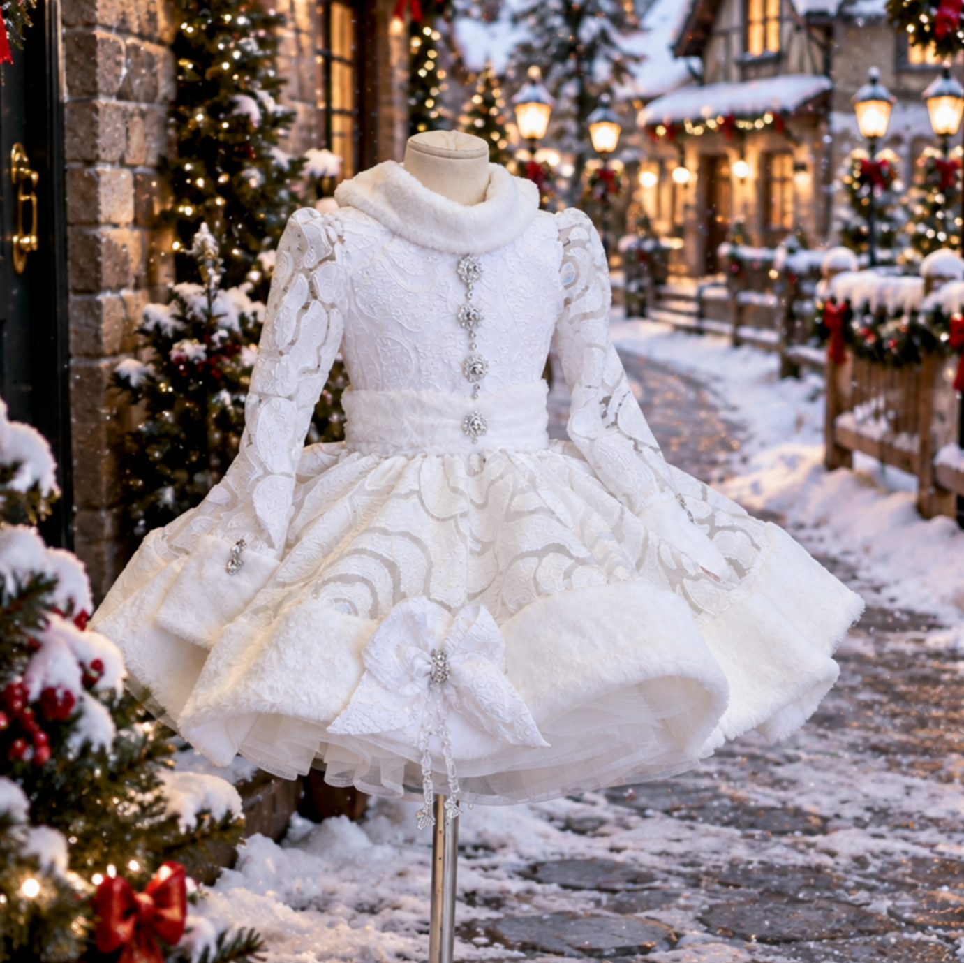 White embroidered girls holiday dress on mannequin, snowy Christmas street with festive lights and decorated trees.