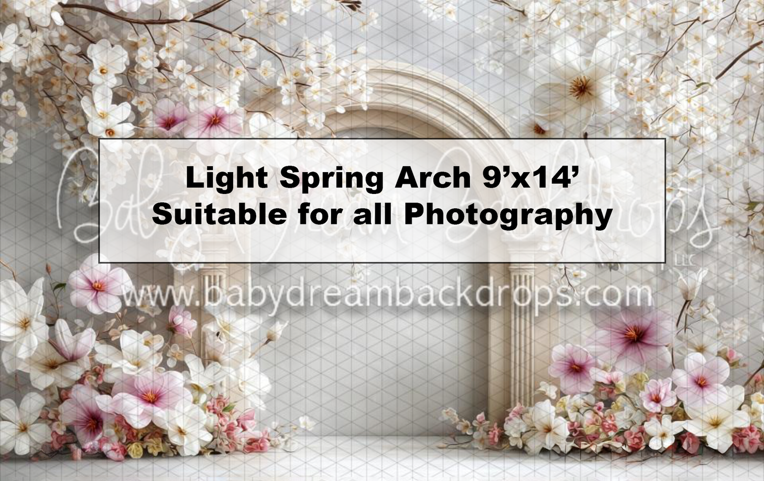 Light Spring Arch 9x14 photography backdrop with pink and white floral blooms around a stone arch.