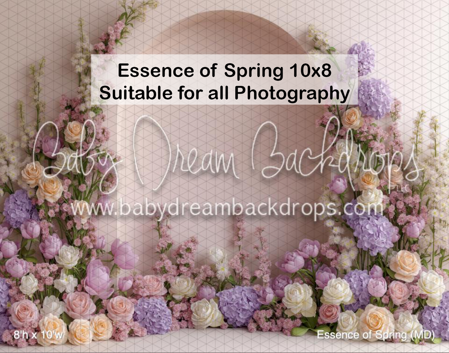 Spring photography backdrop with purple and white floral arrangements framing a pink arch wall, 10x8ft.