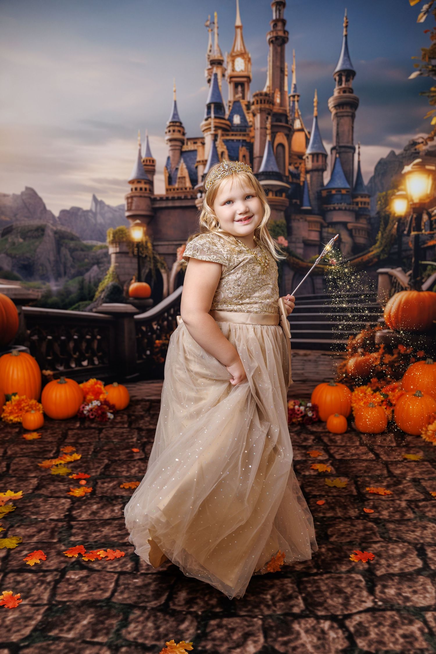 A young girl in a gold sequin gown holds a magic wand before a fairy tale castle with pumpkins and autumn leaves.