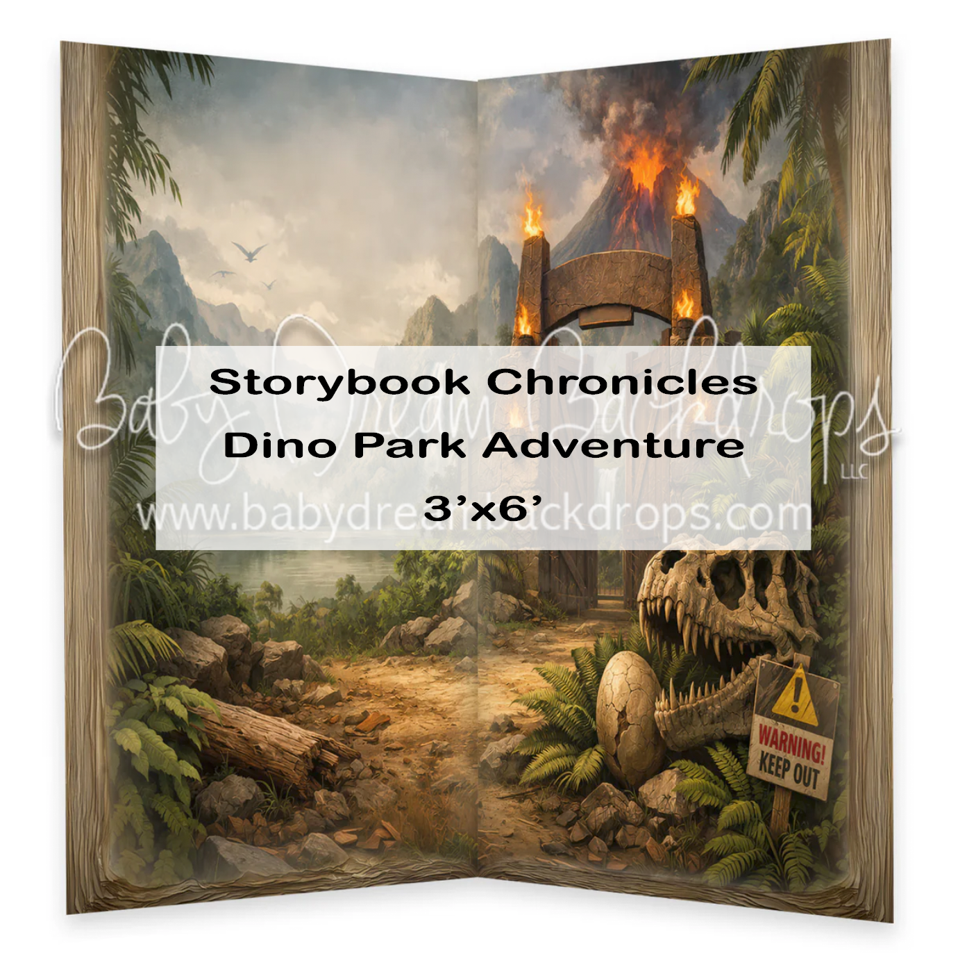 Storybook Chronicles Dino Park Adventure 3x6 backdrop with dinosaur skull, volcano, and warning signs.