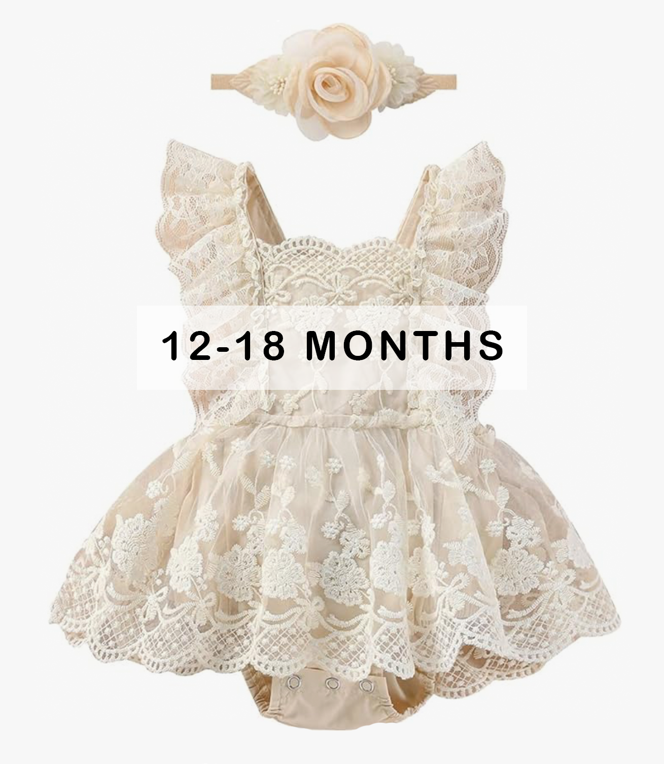 Vintage beige lace baby romper dress 12-18 months with flutter sleeves and matching floral headband.