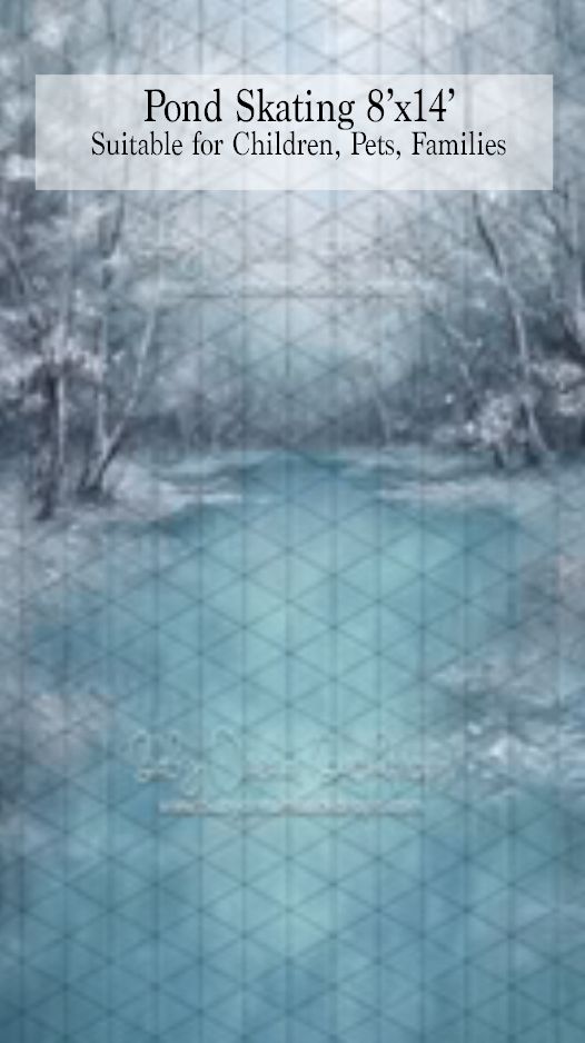 Pond Skating 8x14 winter photography backdrop featuring a frozen pond surrounded by snow-covered trees.
