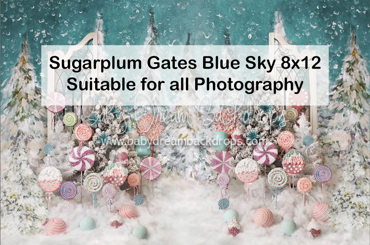 Sugarplum Gates Blue Sky 8x12 photography backdrop with candy decorations, snowy trees, and pastel colors.