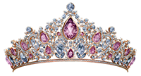 Elegant tiara crown adorned with pink, purple, and blue gemstones set in gold filigree metalwork.