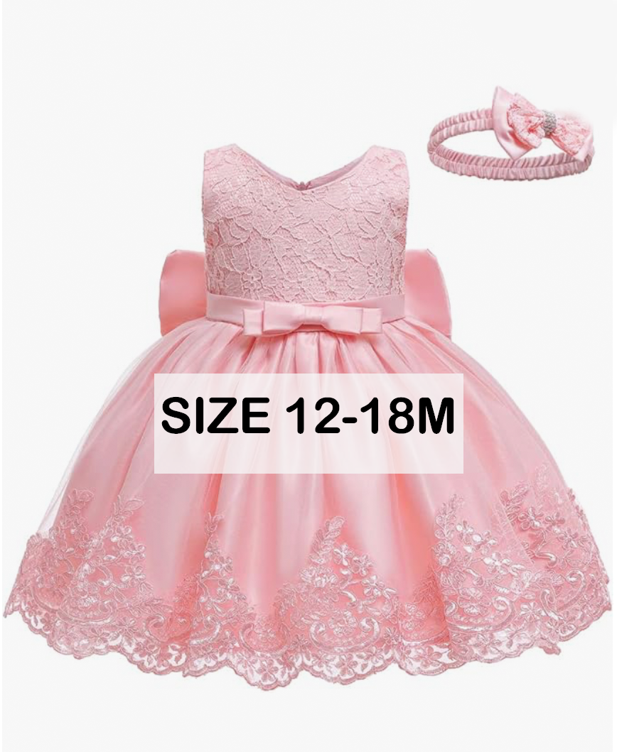 Pink lace baby girl dress size 12-18M with bow back, sequin hem, and matching headband.
