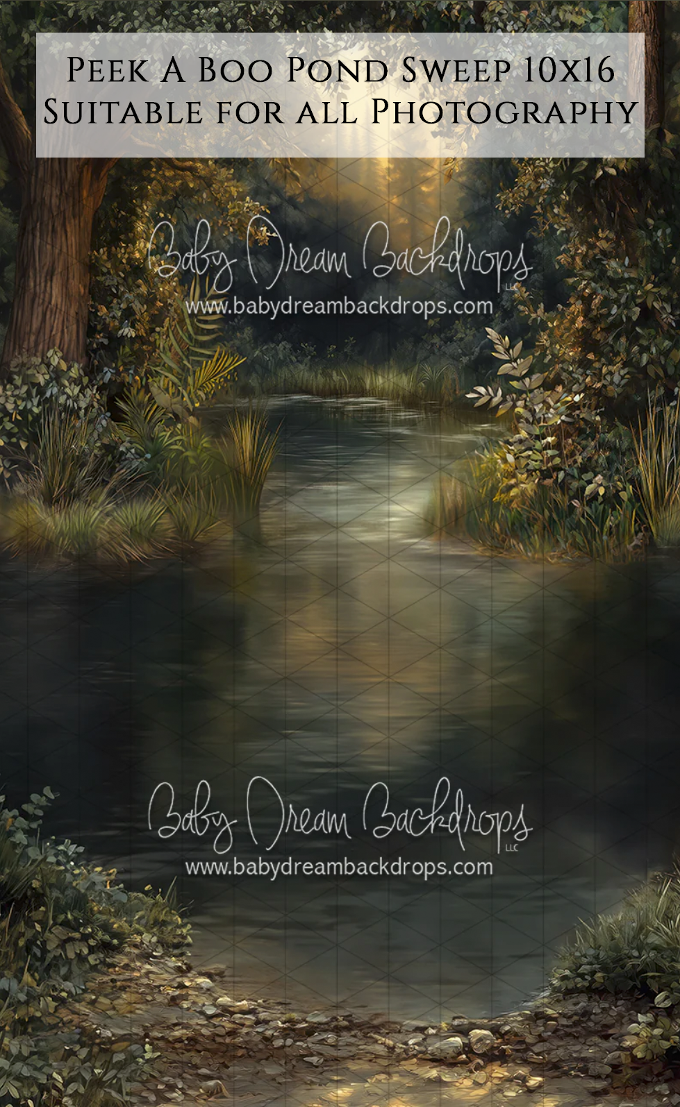 Peek A Boo Pond Sweep 10x16 photography backdrop featuring a serene forest pond with lush greenery.