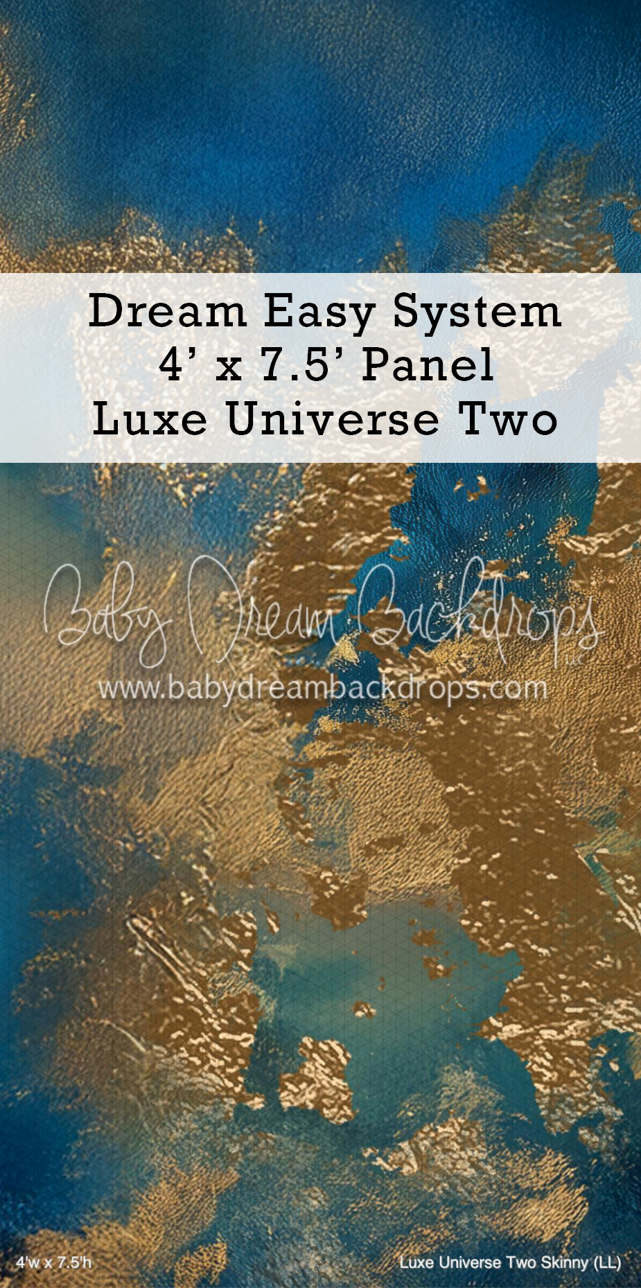 Abstract photography backdrop featuring rich blue tones with gold metallic swirling textures for a luxe universe effect.