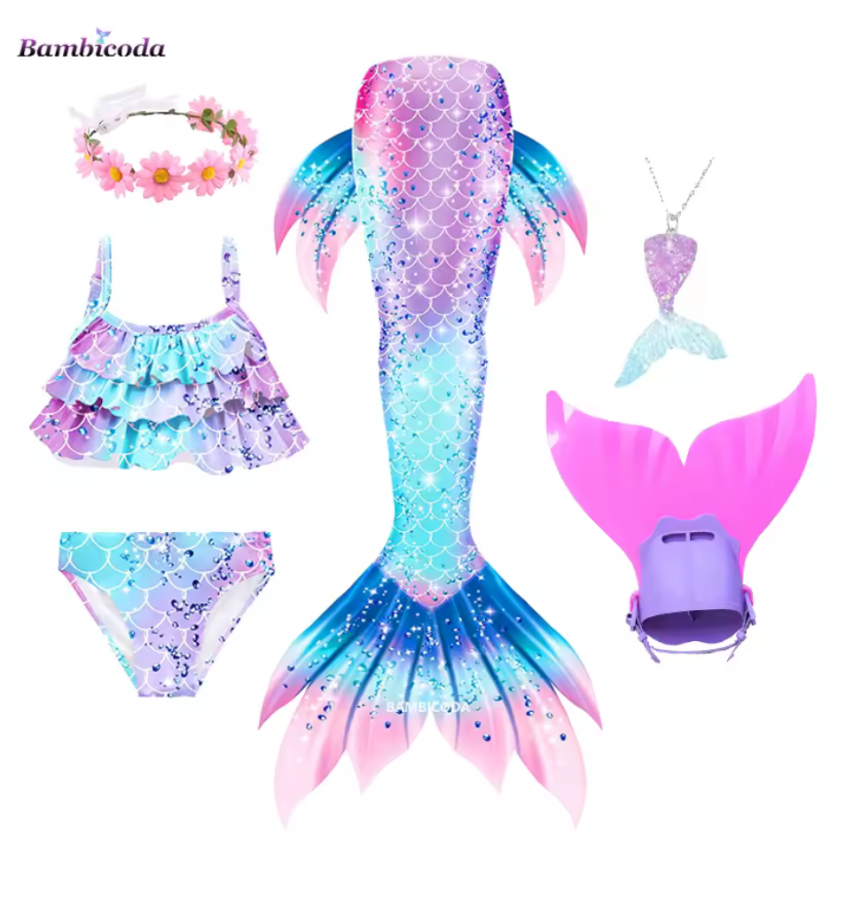 Girls mermaid tail swimsuit set with bikini top, flower crown, monofin, and necklace in pink and blue scales.