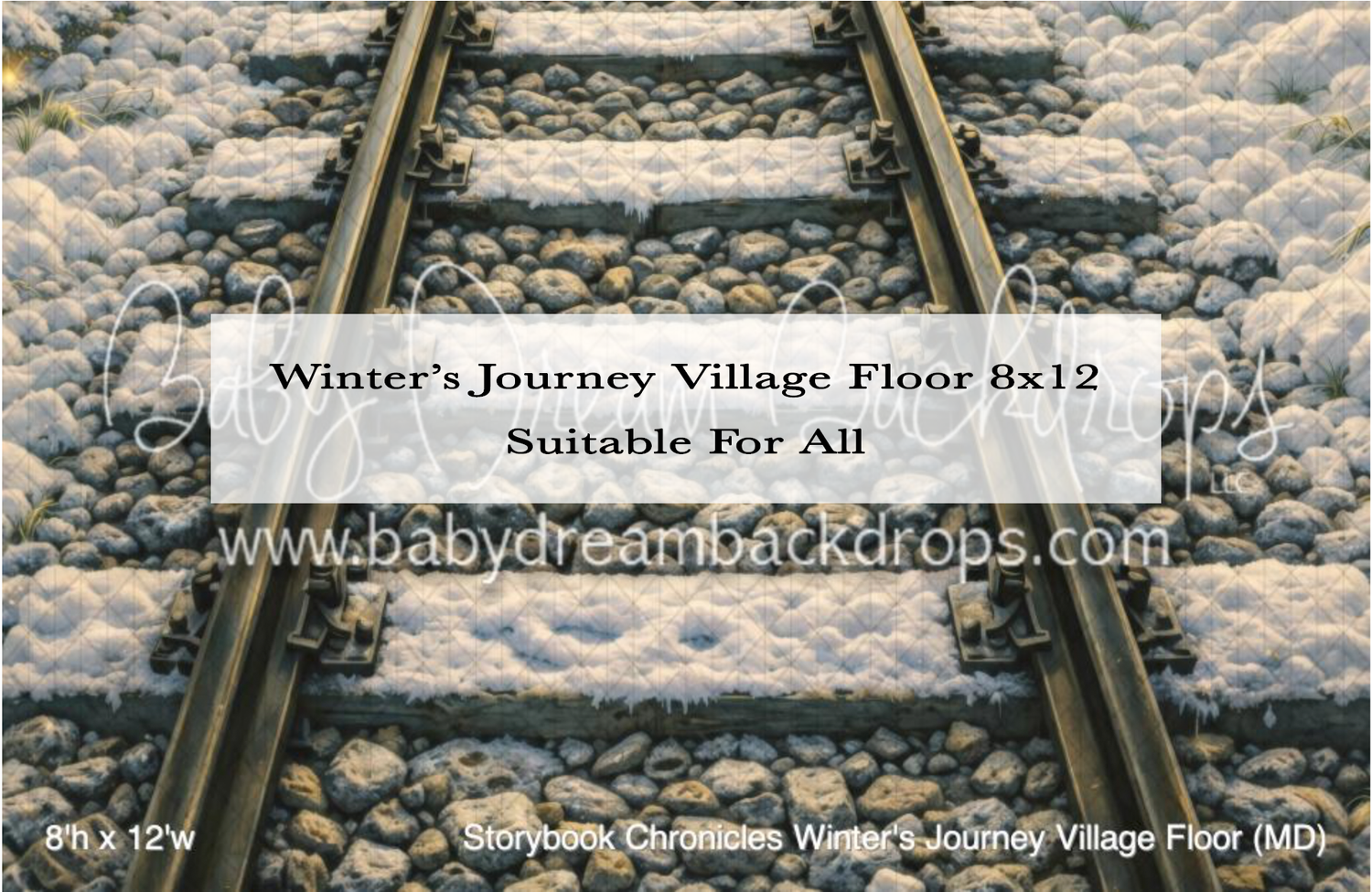 Winter village floor backdrop with snow-covered railway tracks, 8x12 photography background suitable for all seasons.