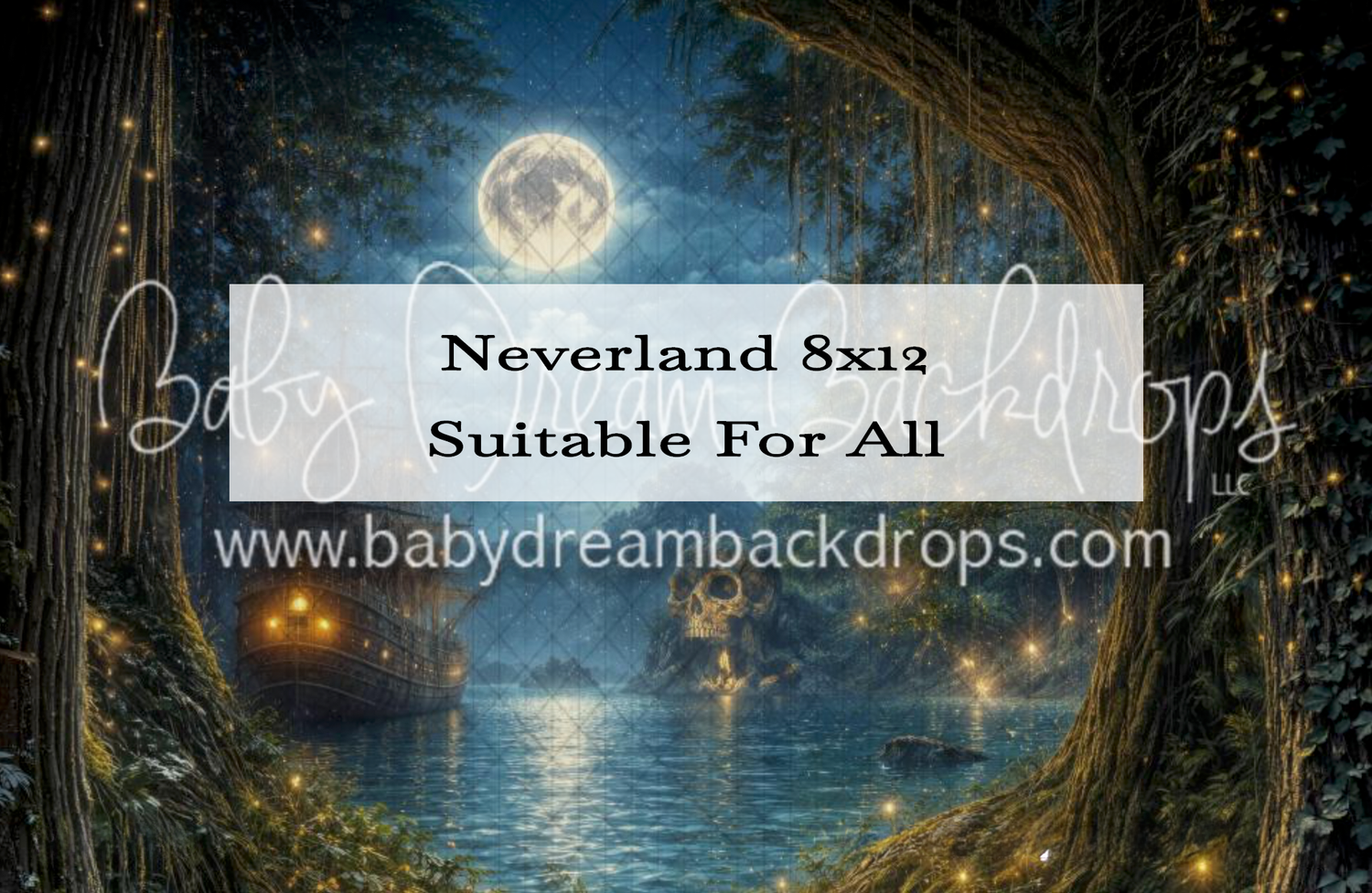 Neverland 8x12 fantasy photography backdrop featuring moonlit forest, glowing fireflies, and enchanted river scene.