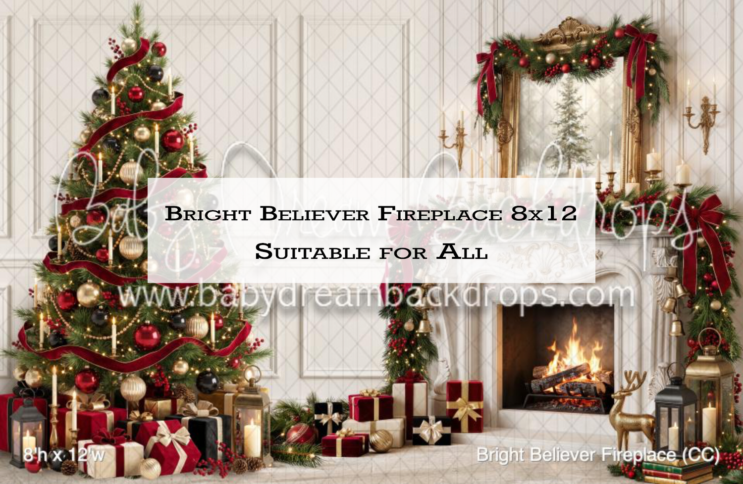 Festive Christmas fireplace backdrop with decorated tree, wrapped gifts, and warm glowing hearth for holiday photos.