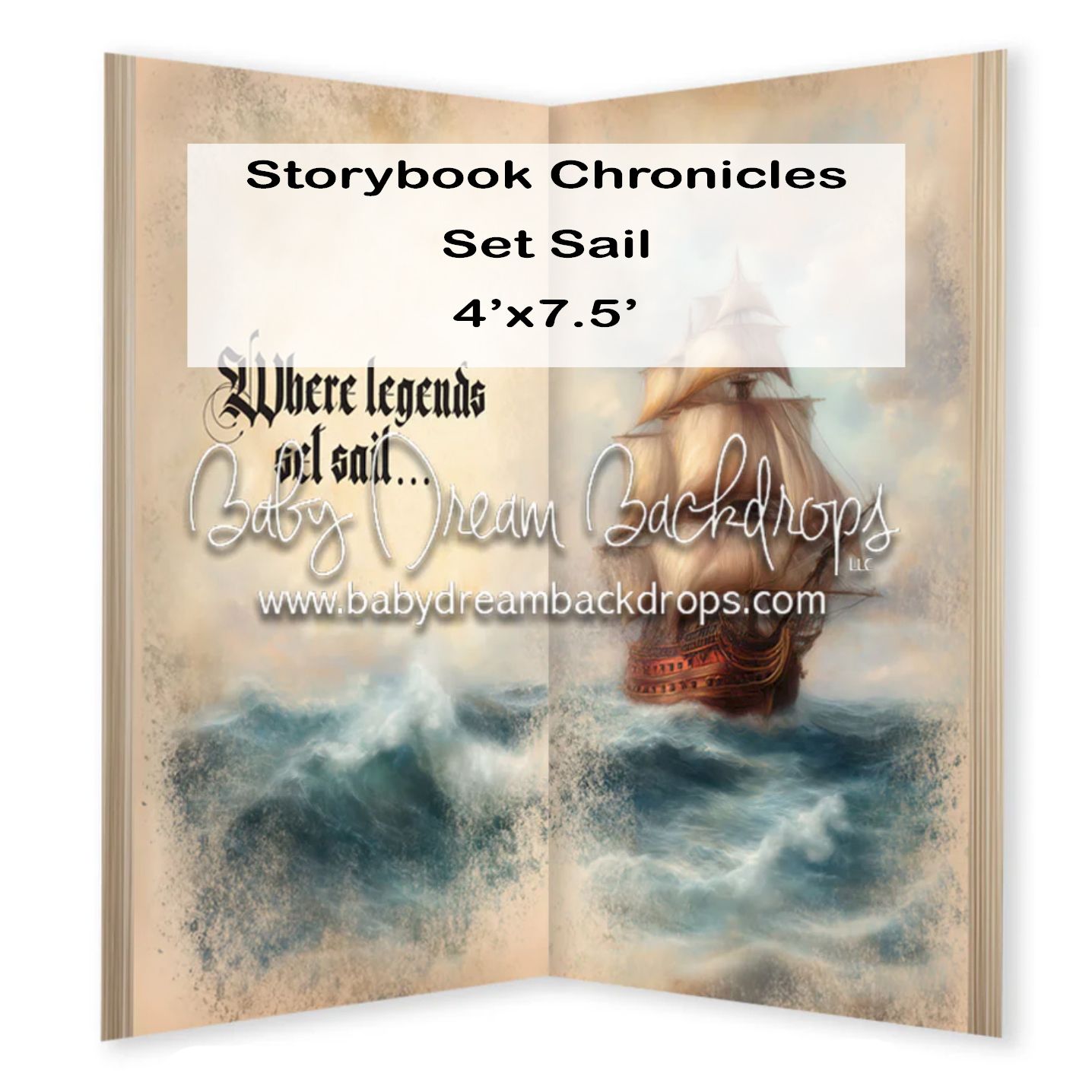 Storybook Chronicles Set Sail 4x7.5 ft photography backdrop featuring a tall ship on stormy seas with open book design.