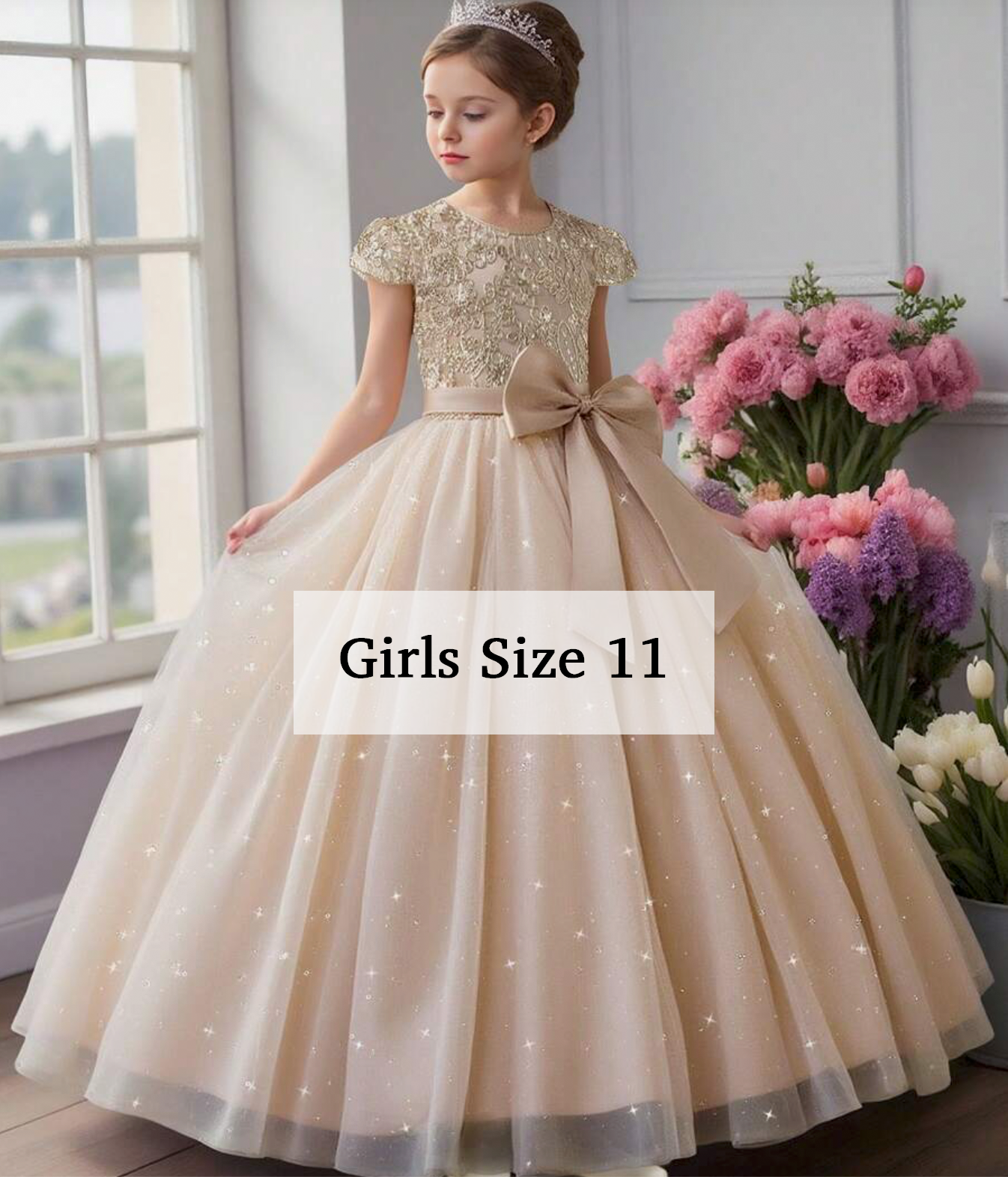 Elegant champagne gold sequin flower girl dress with tulle skirt and bow, Girls Size 11, perfect for weddings.