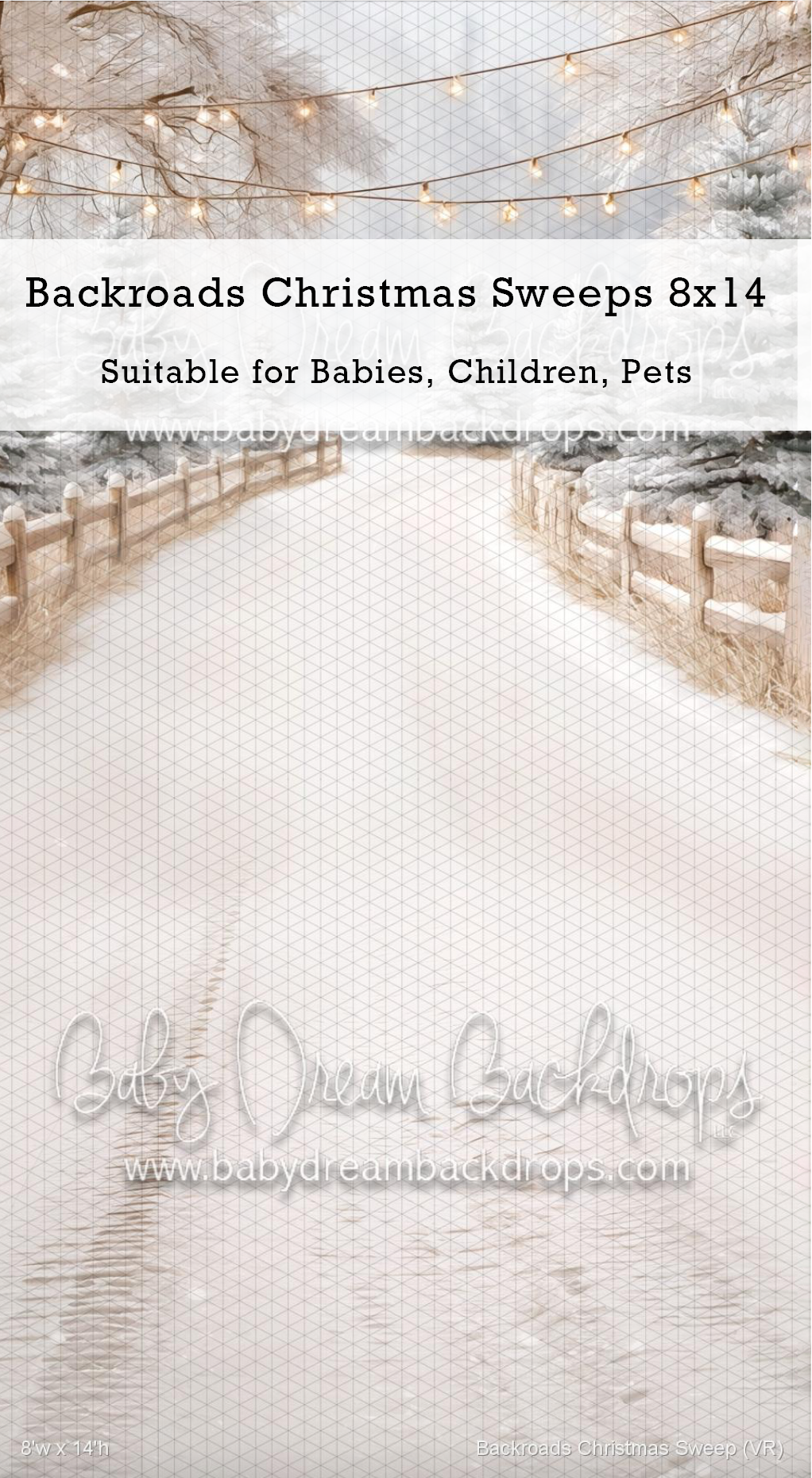 Backroads Christmas Sweeps 8x14 photography backdrop featuring a snowy lane with fences and fairy lights.