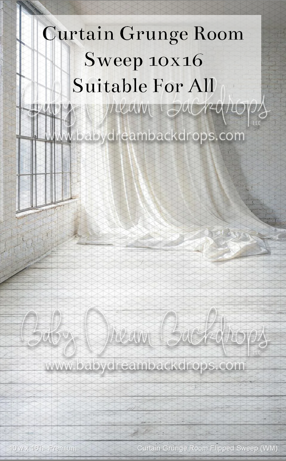 White curtain grunge room sweep photography backdrop 10x16, suitable for all photography sessions.